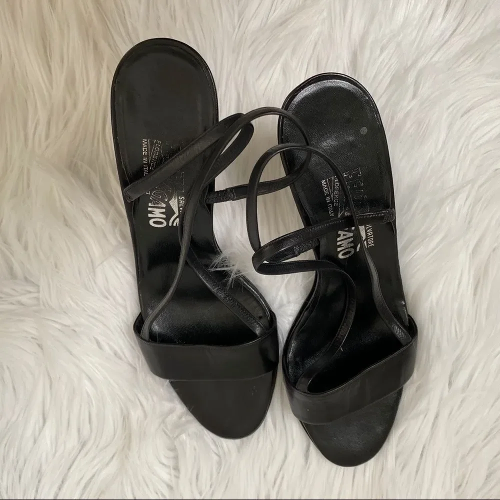 Salvatore Ferragamo black leather slingback striped heels sandal 7.5